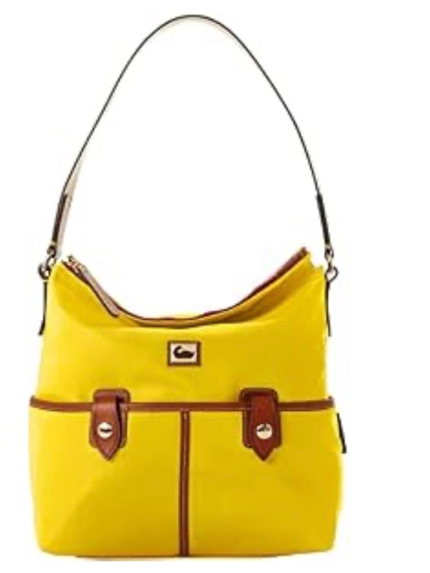 Dooney &Bourke Wayfarer Yellow Nylon Shoulder Bag With Briwn Trim
